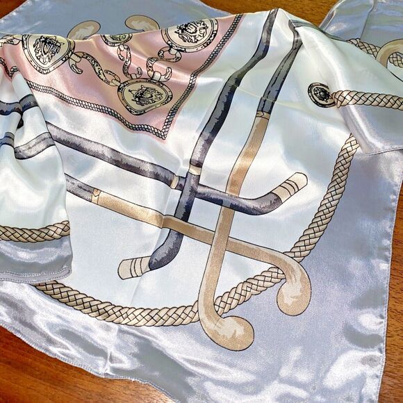 Silky feel scarf 27” square pink & gray on white designer chic motif elegant - Picture 4 of 8
